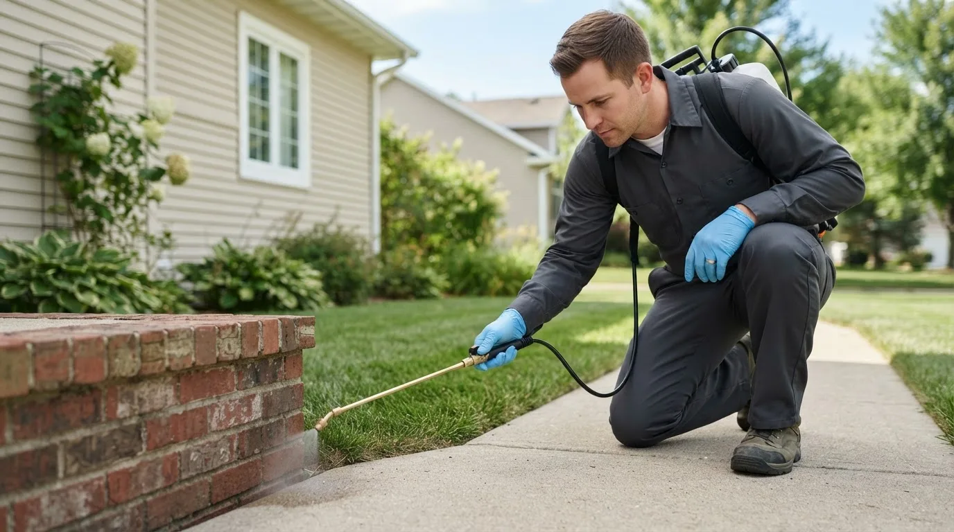 Pest control technician treating a home near Evansville, IL
