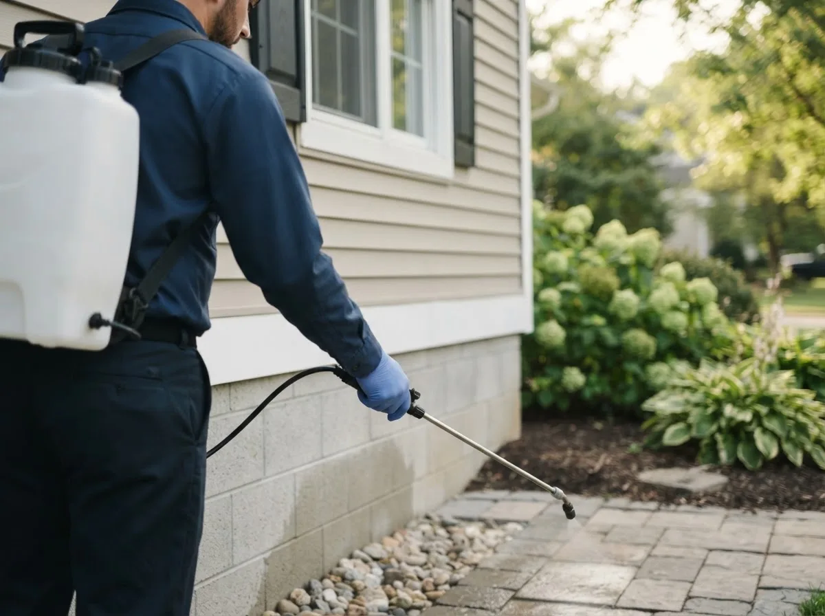 Pest control technician inspecting a home in Evansville, IL